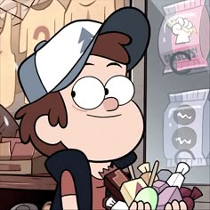 a cartoon character is standing in front of an ice cream shop with lots of candy