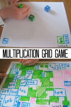 two pictures with the words multiplication grid game written on them and someone drawing it