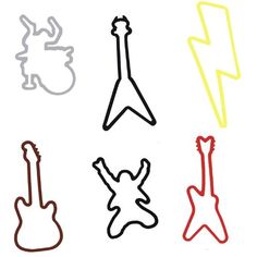 four different colored guitars and one guitar sticker on a white background with lightning bolt