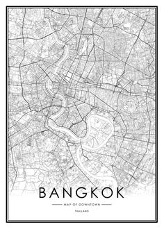 bangkok city map in black and white with the word bangkok on it's side