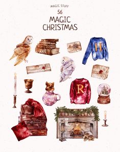 watercolor christmas illustrations with books, candles and other items