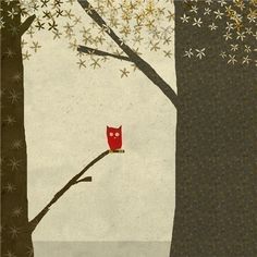 an owl sitting on a tree branch in front of a red bird perched on a branch