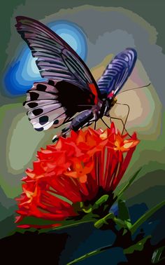 a painting of a butterfly sitting on top of a red flower with its wings open