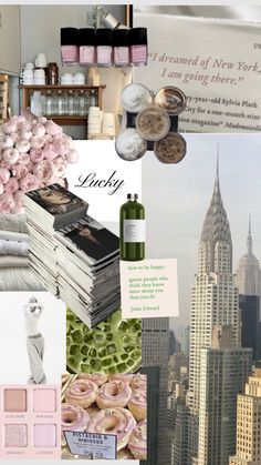 a collage of photos with pink and green items in the middle, including books, flowers, perfume bottles, and other things