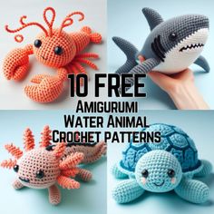 crochet patterns for amigurmi water animals including an octopus, shark and turtle