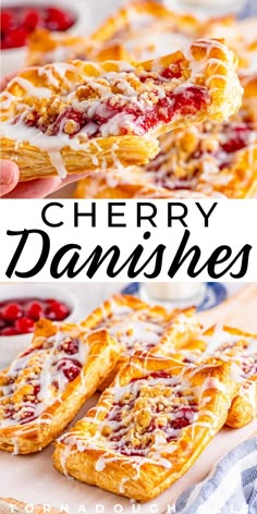 cherry danishes with cranberry sauce on top and in the background, there is a hand holding a pastry