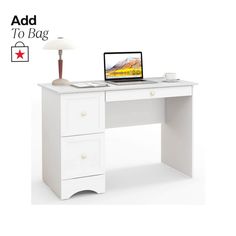 a white desk with a laptop on it and a lamp next to the desk top