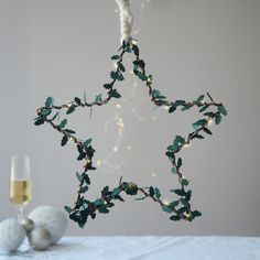 a star shaped decoration with lights on it next to two garlic cloves and a glass of wine