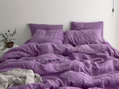 an unmade bed with purple sheets and pillows on it, next to a potted plant