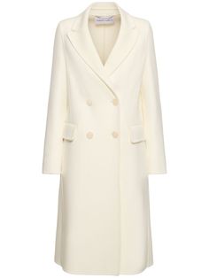 Front button closure. Two front flap pockets. Model is wearing a size38 Styling Coats, Dressy Hats, Makeup List, Versace Brand, Long Trench Coat, Classic Coats, Alberta Ferretti, Shearling Jacket, Outerwear Coats