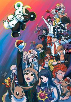 an anime poster with many different characters on it, including one person holding up a cell phone