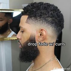 Curly Drop Fade Men, Burst Fade With Beard, Black Man Curly Haircut, Faded Haircut For Men Curly Hair, Black Hair Cuts Men Fade, Drop Fade With Curls, Black Men Curly Hair Fade