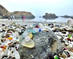 several different colored glass pieces on a rock at the beach with people in the background