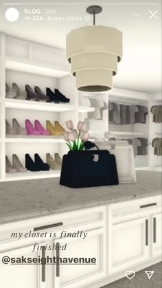 a room filled with lots of shoes and bags on top of a counter next to a vase