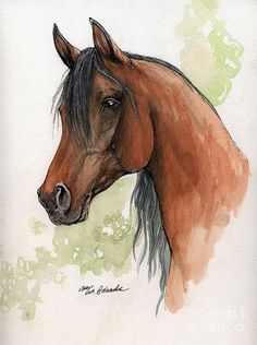 a painting of a brown horse with black mane