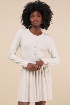 From brunch with the babes to holiday get-togethers, the Lulus Beyond Sweet Heathered Beige Pearl Pleated Mini Sweater Dress will always be admired! Stretchy sweater knit (with a heathered effect throughout) shapes this perfect little dress with a crew neckline, long sleeves, and a bodice with a dazzling, faux pearl and rhinestone button placket. The high, fitted waist sits atop a pleated skater skirt with a cute mini hem. Fit: This garment fits true to size. Length: Mid-thigh. Size medium measu Mini Sweater, Mini Sweater Dress, Little Dresses, Long Sleeve Mini, Sweater Knit, Large Size Dresses, Full Skirt, Button Placket, Always Be