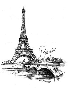 the eiffel tower in paris, france drawn by hand with ink on paper