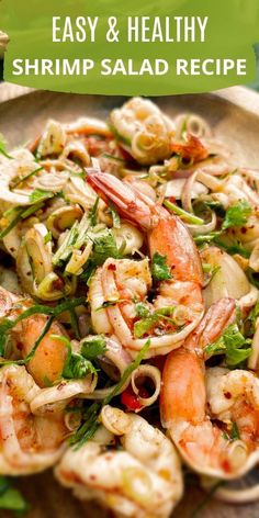 shrimp salad on a plate with text overlay that reads easy and healthy shrimp salad recipe