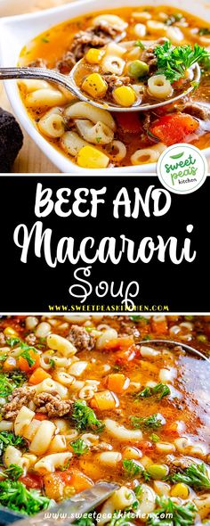 beef and macaroni soup in a white bowl