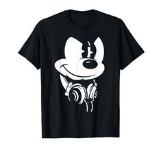 a black t - shirt with a cartoon character wearing headphones