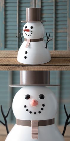 two snowmen made out of plastic cups and one is wearing a hat with a bow