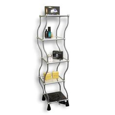 a three tiered metal shelf with various items on it's sides and shelves