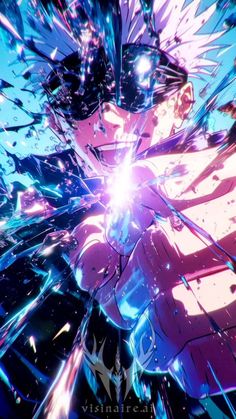 an anime character with purple hair and blue eyes is surrounded by shattered glass, as if he