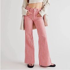 New Wrangler Free People The Wanderer High Rise Flare Jeans In Raspberry Ripple Stripe Size 30 Retail $128 High Rise, Wide Flare Silhouette Zip Fly And Button Closure Soft Rigid Denim Retro Red And White Stripes All Throughout Nwt And Comes From Smoke Free Home. No Try Ons, Trades Or Holds. Striped Relaxed Fit Jeans For Spring, High Rise Red Jeans For Spring, Red High Rise Jeans For Spring, Red High-rise Jeans For Spring, Casual Striped Jeans For Fall, Spring Red Non-stretch Jeans, Striped Jeans For Spring, Striped Cotton Jeans For Summer, Summer Striped Cotton Jeans