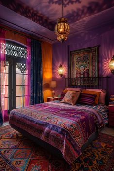 the bedroom is decorated in vibrant colors