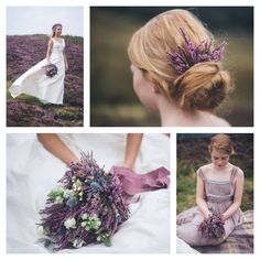 a collage of photos with flowers in their hair and the bride's bouquet