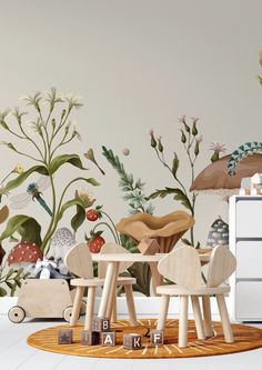 a child's room with an animal themed wallpaper and wooden toys on the floor