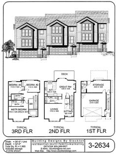 three story house plans with two garages and an attached second floor plan for this home