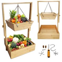 two wooden boxes filled with different types of fruits and vegetables