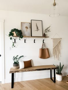 a wooden bench sitting in front of a white wall with hanging plants and pictures on it