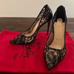 Christian Louboutin Black Lace Stiletto Heels. Floral Lace And Patent Leather. 10mm Heel Height. Never Worn, Perfect Condition. With Original Dust Bag. Lou Button Heels, Lace Louboutin Heels, Christen Louboutin Heels, Louboutin Outfits Women, Lace Black Heels, Black Heels Outfit Dressy, Louboutin Outfit, Black Louboutin Heels, Heals Shoes