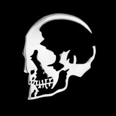 a gold skull with a crescent in the middle on a black background, it is an image of a human head