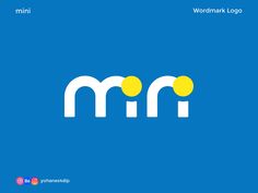 the word m is written in white and yellow letters on a blue background with an orange dot