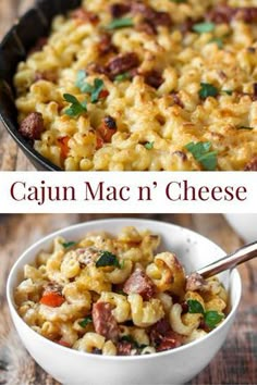 two pictures of macaroni and cheese with meat