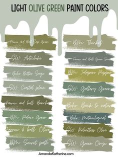 some green paint colors with the words light olive green paint colors in different font styles