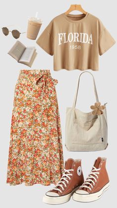 #casual #beach #vacation #outfit #orange #modestoutfit #summeroutfit #outfitideas #modesty #christiangirl #summeraesthetic #skirt #vintage #retro Church Fits, Outfit Trends, Casual Style Outfits