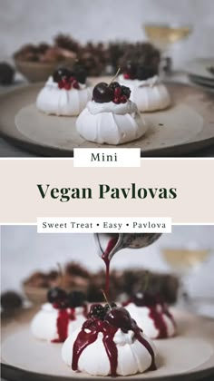 mini vegan pavlovas with chocolate sauce and cherries on top are shown