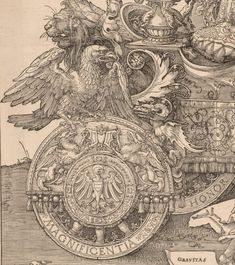 an old drawing shows the coat of arms and two birds on top of a shield