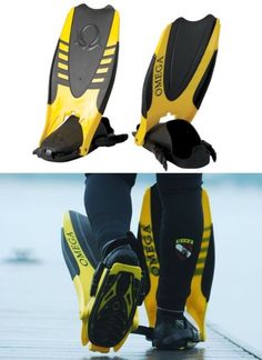 the legs and feet of a person in yellow and black skis, both with snow shoes on them