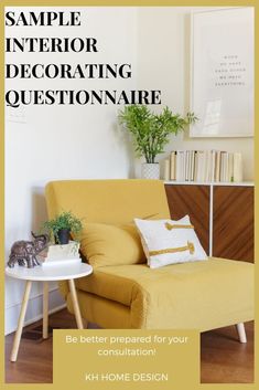 a yellow chair sitting next to a table with books and plants on top of it