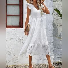 New Boho Embroidered Eyelet Lace Long Dress * Flutter Short Sleeve * V Neck * Stretch Smocked Top * Stretch High Waist * Flared A Line Skirt * Ruffle Hem *Approx. Unstretched Measurements* Small (4) *Bust 27.5"(Up To 35.25") *Waist 25.25" (Up To 27.5") * Length 47" Medium (6) *Bust 29"(Up To 38") *Waist 26.75"(Up To 29) * Length 47.5" Large (8/10) *Bust 31.5"(Up To 39.5") *Waist 29"(Up To 31.5) * Length 48.25" Xl (12) *Bust 34"(Up To 41.75") *Waist 31.5"(Up To 34") * Length 49.25" On Order* Will Flowy Sundress, Preppy Fall, Lace Dress Long, Eyelet Lace, Boho Bohemian, Bohemian Dress, Flutter Sleeve, Fall Dresses, Dress With Boots