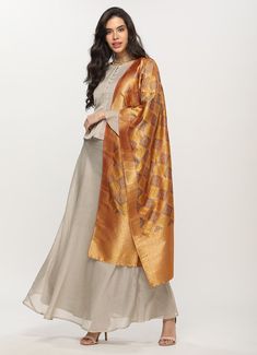 This stunning grey tissue slub lehenga set includes a full fitted sleeves 20 crop top and a bias cut skirt. This look is completed with a contrasting mustard silk jacquard dupatta. Fitted Sleeves, Clothing Brand, Mustard