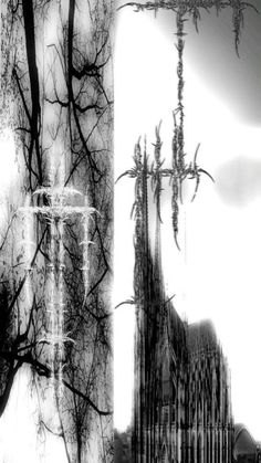 an artistic image of a gothic cathedral and trees in black and white, as well as digital art