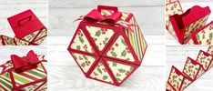 four different views of an origami box with holly decorations on the sides and red ribbon