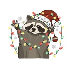 a raccoon wearing a santa hat and lights around it's neck, with his arms in the air