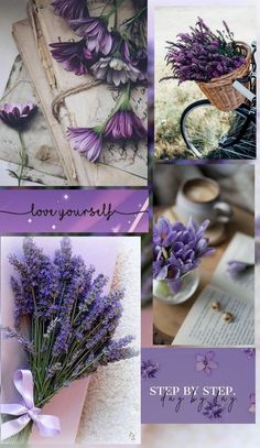 the collage has purple flowers and lavenders on it, along with an open book